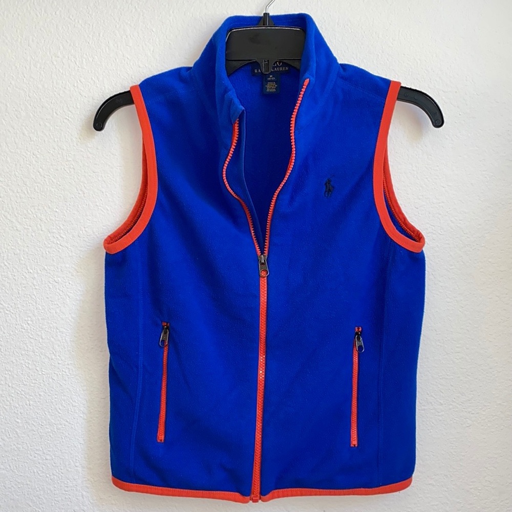 Polo Ralph Lauren Boys Full Zip Blue Fleece Vest Orange Trim Sz M (10-12)